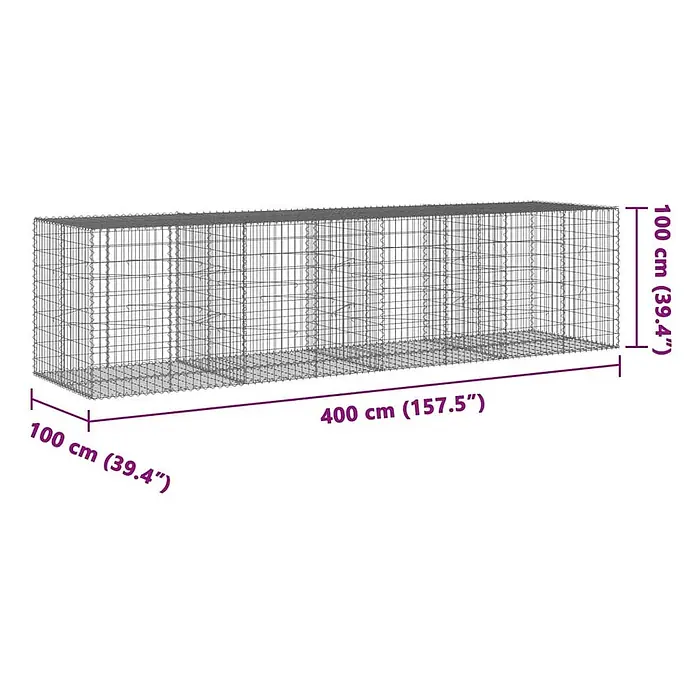 Furnicato Gabione - 400 x 100 x 100 cm, Metall, Maschenbreite: 50 mm, Maschenhöhe: 100 mm - Rechteckiger Gabionenkorb aus grauem Metallgeflecht mit Innenteilern, 400x100x100 cm.
