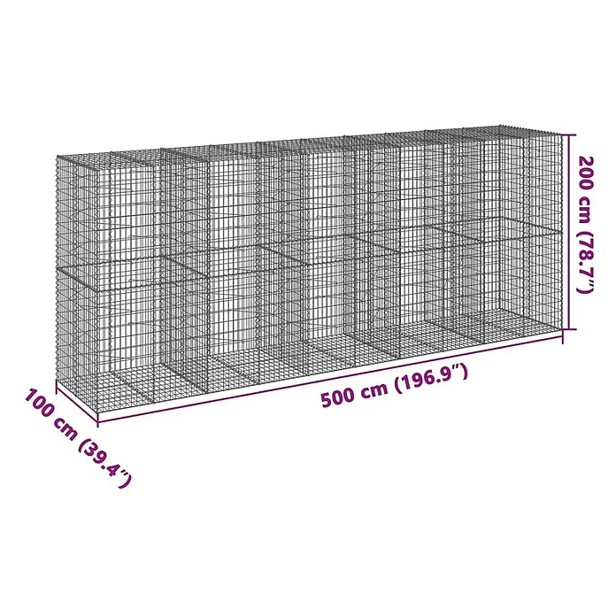 Furnicato Gabione - 500 x 100 x 200 cm, Metall, Maschenbreite: 50 mm, Maschenhöhe: 100 mm - Rechteckiger Drahtgitter-Gabionenkorb, 500 cm lang, 100 cm breit und 200 cm hoch.