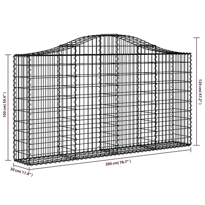 Furnicato Gabione - 30 x 200 x 120 cm, Metall, Maschenbreite: 50 mm, Maschenhöhe: 100 mm - Schwarzer Drahtgeflecht-Gabionenkorb mit gewellter Oberseite, Maße angezeigt.