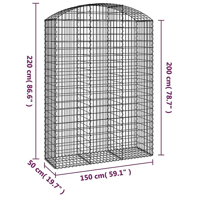 Furnicato Gabione - 220 x 150 x 50 cm, Metall, Maschenbreite: 50 mm, Maschenhöhe: 100 mm - Schwarzer Drahtgitter-Gabionenkorb mit gewölbter Oberseite, 150x50 cm und 200-220 cm hoch.