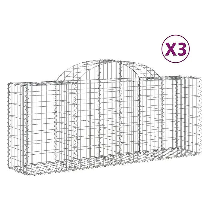 Furnicato Gabione - 50 x 200 x 100 cm, Metall, Maschenbreite: 50 mm, Maschenhöhe: 100 mm - Set aus 3 grauen Gabionenkörben aus Metalldraht mit gewölbter Oberseite für Garten- und Landschaftsbau.