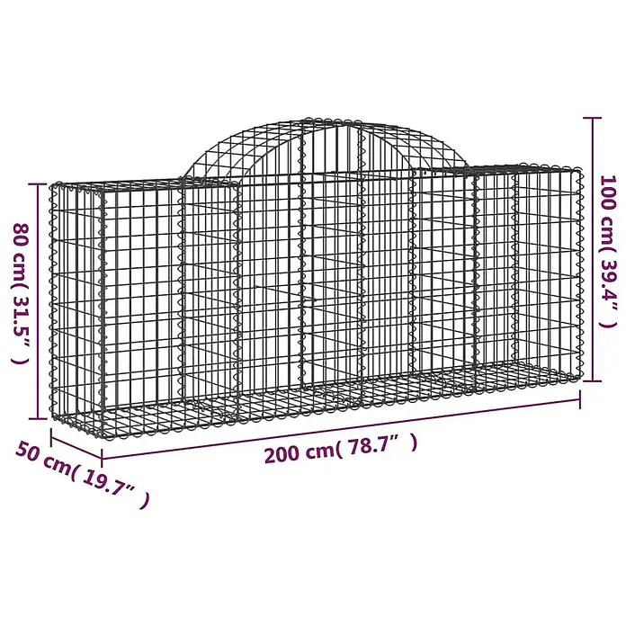 Furnicato Gabione - 50 x 200 x 100 cm, Metall, Maschenbreite: 50 mm, Maschenhöhe: 100 mm - Rechteckiger Gabionenkäfig aus Drahtgeflecht mit gewölbter Oberseite.