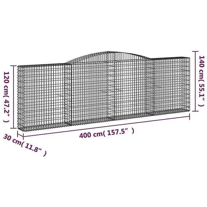 Furnicato Gabione - 140 x 400 x 30 cm, Metall, Maschenbreite: 50 mm, Maschenhöhe: 100 mm - Gabionenwand aus Metallgitter mit gewölbter Oberseite. Maße: 400 cm L x 30 cm T x 120-140 cm H.
