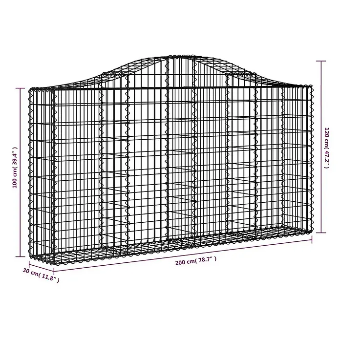 Furnicato Gabione - 30 x 200 x 120 cm, Metall, Maschenbreite: 50 mm, Maschenhöhe: 100 mm - Schwarzer Drahtgeflecht-Gabionenkorb mit gewölbter Oberseite, Maße sind angezeigt.