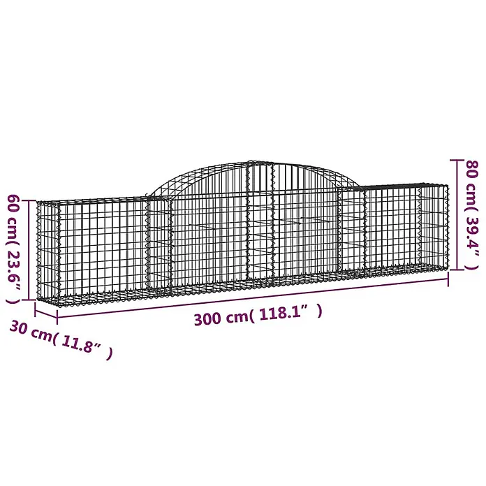 Furnicato Gabione - 30 x 300 x 80 cm, Metall, Maschenbreite: 50 mm, Maschenhöhe: 100 mm - Schwarzer Drahtgeflecht-Gabionenzaun mit gewölbter Oberseite, 300 cm lang, 30 cm breit und 60 cm hoch (80 cm am Bogen).