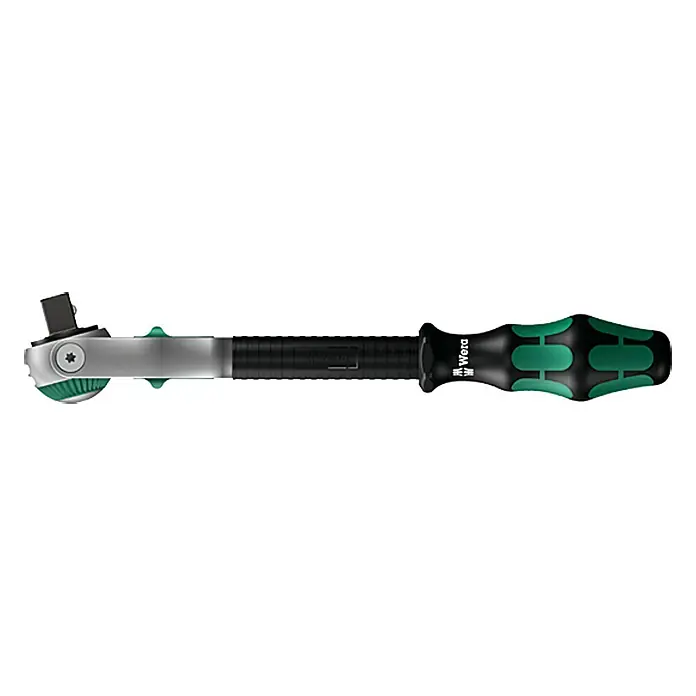 Wera Knarre Zyklop 8000 B - ⅜″ - Das Bild zeigt einen Wera Zyklop Mini 8001 A Bit-Ratsche mit einem ergonomischen Griff in Schwarz und Grün. Perfekt für enge Räume.