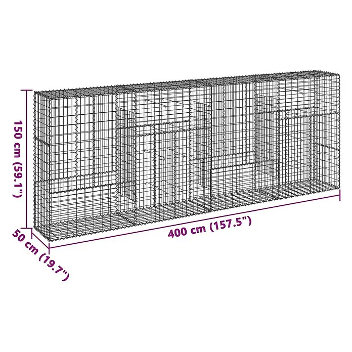Furnicato Gabione - 400 x 50 x 150 cm, Metall, Maschenbreite: 50 mm, Maschenhöhe: 100 mm - Langer, rechteckiger Drahtgitter-Gabionenkorb mit Innenfächern, Maße für Höhe, Tiefe und Länge.