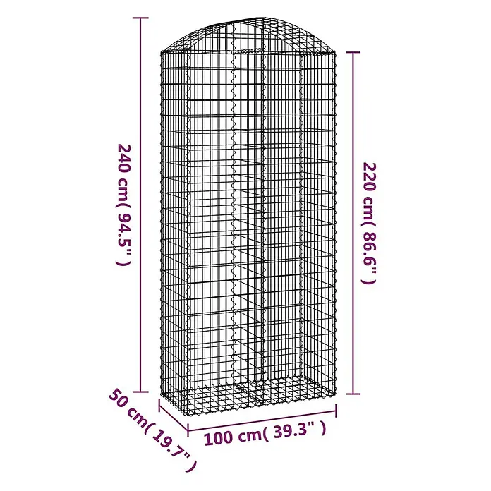 Furnicato Gabione - 50 x 100 x 240 cm, Metall, Maschenbreite: 50 mm, Maschenhöhe: 100 mm - Gabionenkorb aus Metallgitter, rechteckig mit abgerundeter Oberseite, mit Maßen.