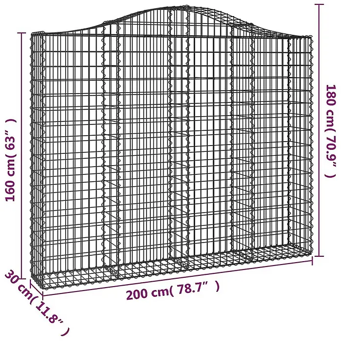 Furnicato Gabione - 30 x 200 x 180 cm, Metall, Maschenbreite: 50 mm, Maschenhöhe: 100 mm - Dunkelgraue Drahtgeflecht-Gabione mit wellenförmiger Oberkante, ideal für Garten- und Landschaftsgestaltung.