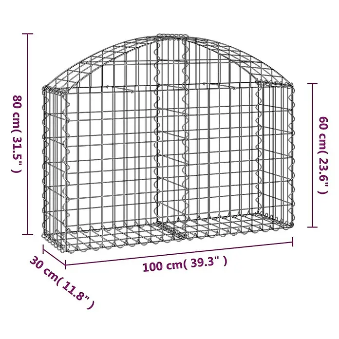 Furnicato Gabione - 30 x 100 x 80 cm, Metall, Maschenbreite: 50 mm, Maschenhöhe: 100 mm - Drahtgitter-Gabionenkorb mit gewölbter Oberseite, 100 cm lang, 30 cm tief und an der höchsten Stelle 80 cm hoch.
