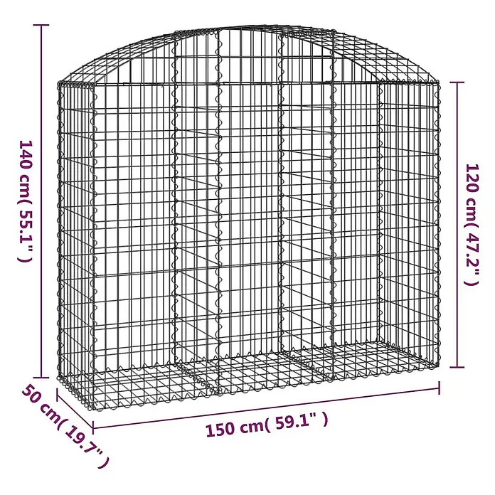 Furnicato Gabione - 140 x 150 x 50 cm, Metall, Maschenbreite: 50 mm, Maschenhöhe: 100 mm - Drahtgitter-Gabionenkorb mit rechteckiger Basis und gewölbtem Oberteil, Maße angezeigt.