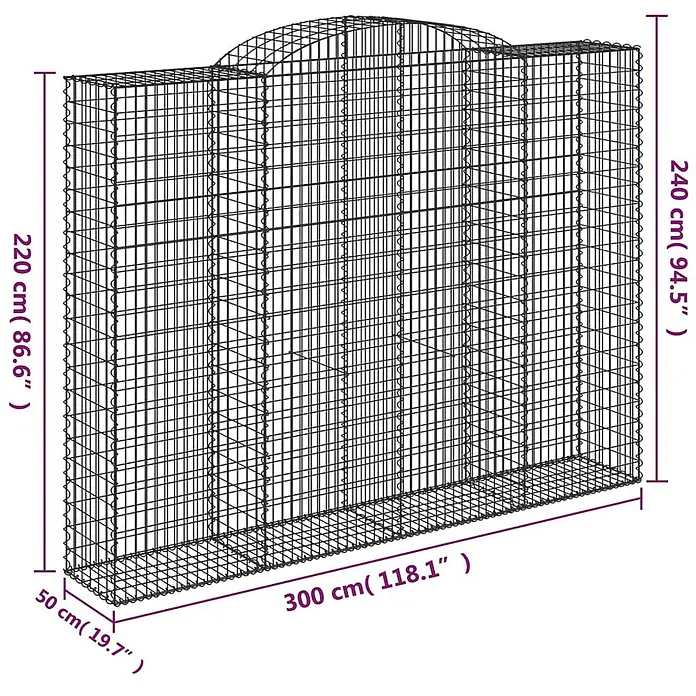 Furnicato Gabione - 50 x 300 x 240 cm, Metall, Maschenbreite: 50 mm, Maschenhöhe: 100 mm - Großer, rechteckiger Gabionenkorb aus Metall mit gewölbter Oberseite für Garten- oder Landschaftsbauprojekte.