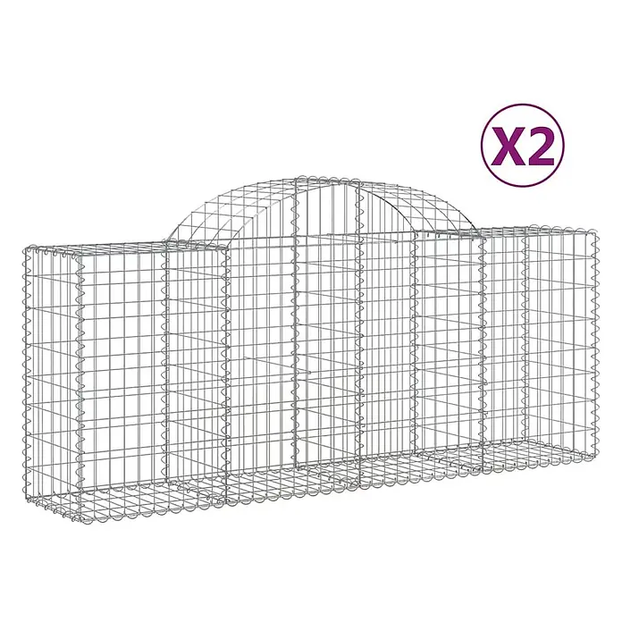 Furnicato Gabione - 50 x 200 x 100 cm, Metall, Maschenbreite: 50 mm, Maschenhöhe: 100 mm - Zwei graue Drahtgeflecht-Gabionenkäfige mit rechteckigen Böden und gewölbten Oberseiten.