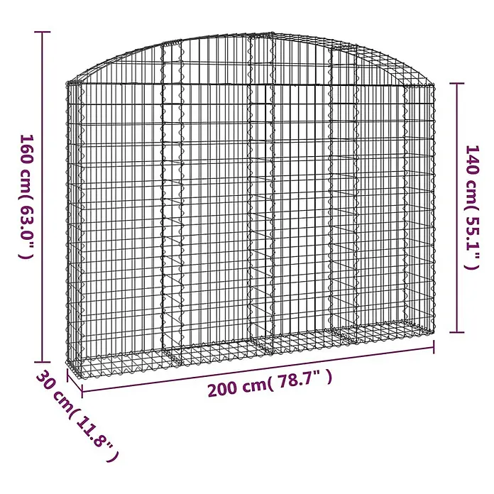 Furnicato Gabione - 160 x 200 x 30 cm, Metall, Maschenbreite: 50 mm, Maschenhöhe: 100 mm - Bogenförmiger Drahtgabion aus Metall mit Maßen.
