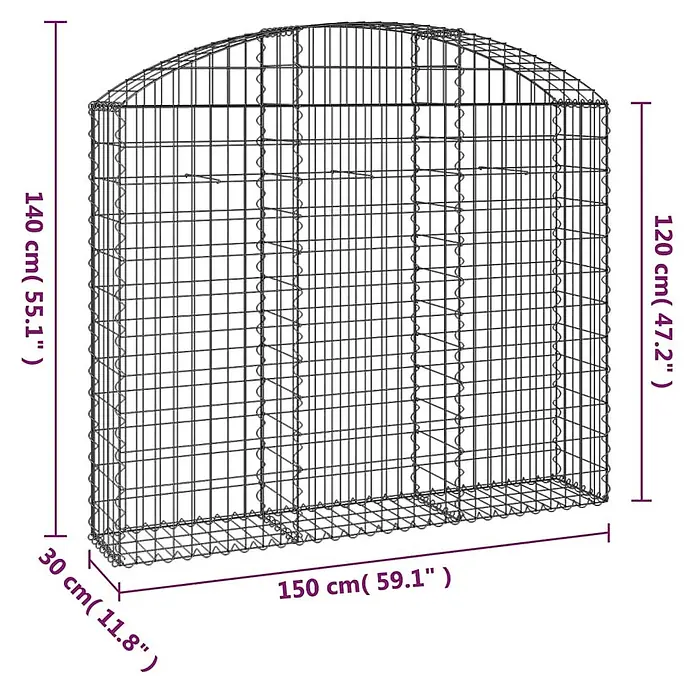 Furnicato Gabione - 140 x 150 x 30 cm, Metall, Maschenbreite: 50 mm, Maschenhöhe: 100 mm - Drahtgeflecht-Gabionenkorb mit gewölbter Oberseite.