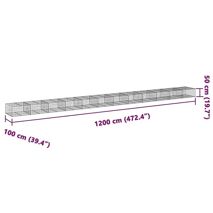 Furnicato Gabione - 1.200 x 100 x 100 cm, Metall, Maschenbreite: 50 mm, Maschenhöhe: 100 mm - Langes rechteckiges Drahtgittergehege, 1200x100x50 cm.