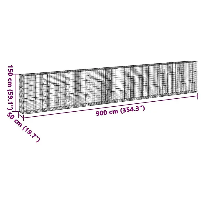 Furnicato Gabione - 900 x 50 x 150 cm, Metall, Maschenbreite: 50 mm, Maschenhöhe: 100 mm - Großes rechteckiges Drahtgittergehege, 900 cm lang, 150 cm hoch und 50 cm tief.