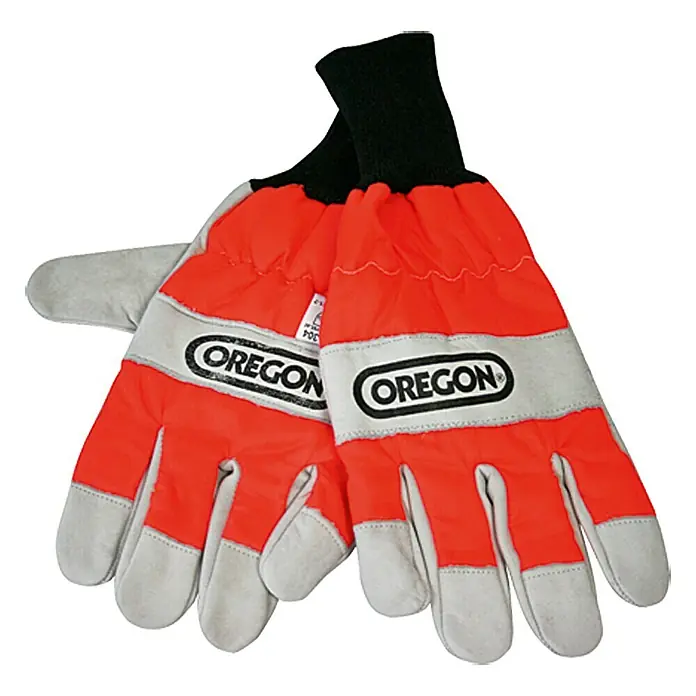 Oregon Schutzhandschuhe - XL - Oregon Forsthandschuhe in Rot und Grau mit schwarzem Strickbund für sicheren Halt und Schutz bei Waldarbeiten.