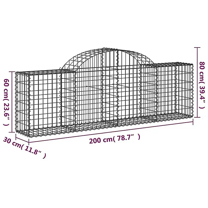 Furnicato Gabione - 80 x 200 x 30 cm, Metall, Maschenbreite: 50 mm, Maschenhöhe: 100 mm - Drahtgitter-Gabionenwand mit gewölbter Oberseite, 200x30 cm und 60-80 cm hoch, für die Gartengestaltung.