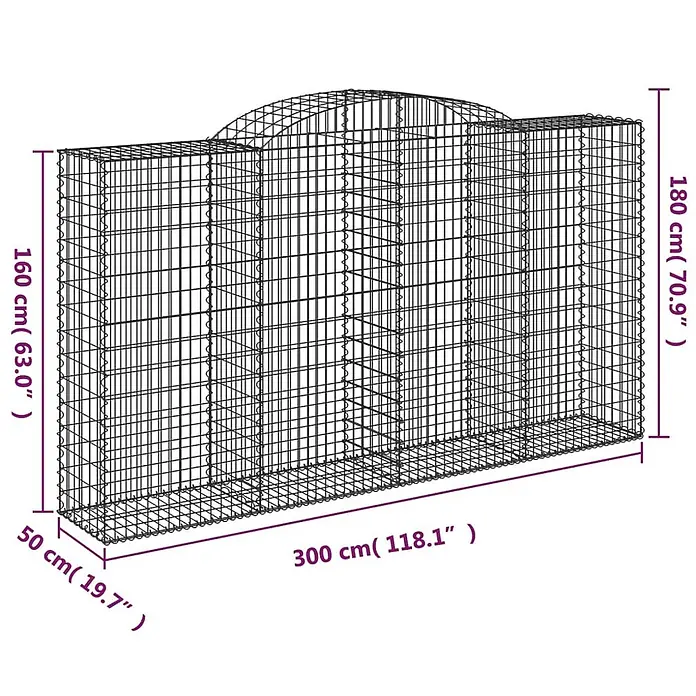 Furnicato Gabione - 180 x 300 x 50 cm, Metall, Maschenbreite: 50 mm, Maschenhöhe: 100 mm - Gabionenwand aus Metallgitter mit gewölbter Oberseite und Maßen für Länge, Breite und zwei Höhen.
