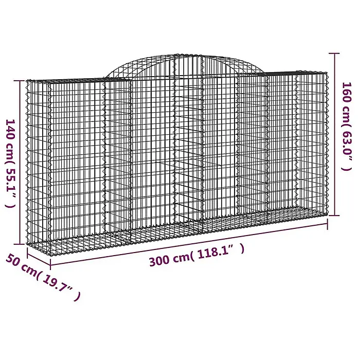 Furnicato Gabione - 50 x 300 x 160 cm, Metall, Maschenbreite: 50 mm, Maschenhöhe: 100 mm - Rechteckiger Gabionenkäfig aus Metall mit gewölbter Oberseite, 300x50x160/140 cm (LBH).