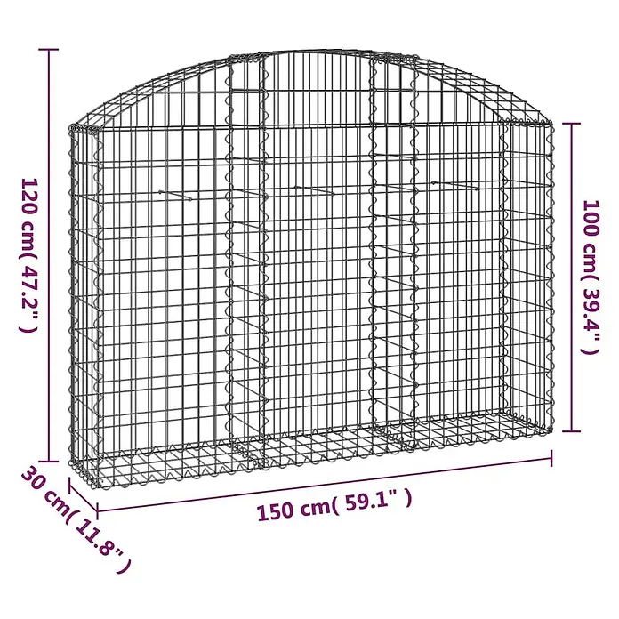 Furnicato Gabione - 30 x 150 x 120 cm, Metall, Maschenbreite: 50 mm, Maschenhöhe: 100 mm - Grauer Metallgitter-Gabionenkorb für Gartenmauern, mit Maßen dargestellt.