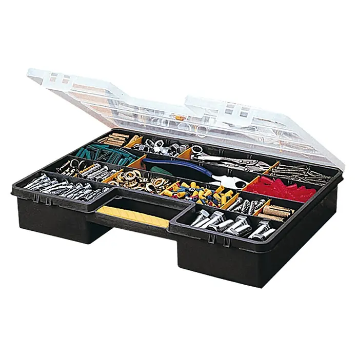 Stanley Estuche para piezas pequeñas Sortmaster - L x An x Al: 43 x 33 x 9 cm - Una caja de herramientas abierta con diversas herramientas y piezas pequeñas en compartimentos separados, ideal para profesionales y aficionados al bricolaje.