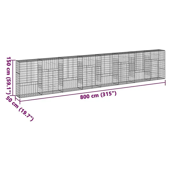 Furnicato Gabione - 800 x 50 x 150 cm, Metall, Maschenbreite: 50 mm, Maschenhöhe: 100 mm - Rechteckiger Drahtgeflecht-Gabionenkorb, 800 cm lang, 150 cm hoch, 50 cm breit.