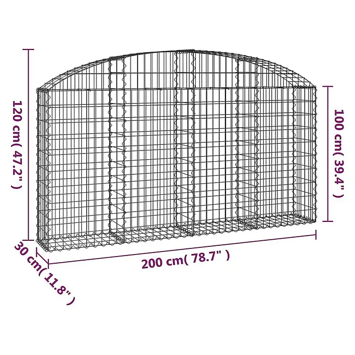 Furnicato Gabione - 120 x 200 x 30 cm, Metall, Maschenbreite: 50 mm, Maschenhöhe: 100 mm - Metallgitter-Gabionenkorb mit gewölbter Oberseite.