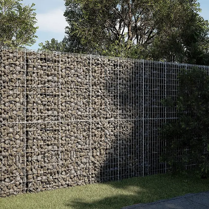 Furnicato Gabione - 200 x 100 x 200 cm, Metall, Maschenbreite: 50 mm, Maschenhöhe: 100 mm - Gabionenwand aus hellbraunen Steinen in einem silbernen Metallgitter, als robuste Garteneinfassung.