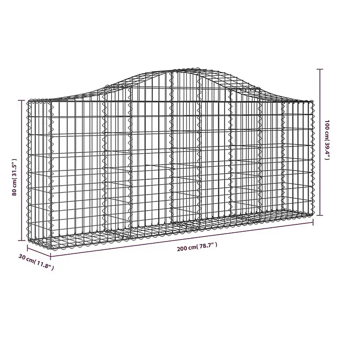 Furnicato Gabione - 30 x 200 x 100 cm, Metall, Maschenbreite: 50 mm, Maschenhöhe: 100 mm - Gabionenkorb aus Metallgitter, 200x30 cm, mit wellenförmiger Oberkante von 80 bis 100 cm Höhe.