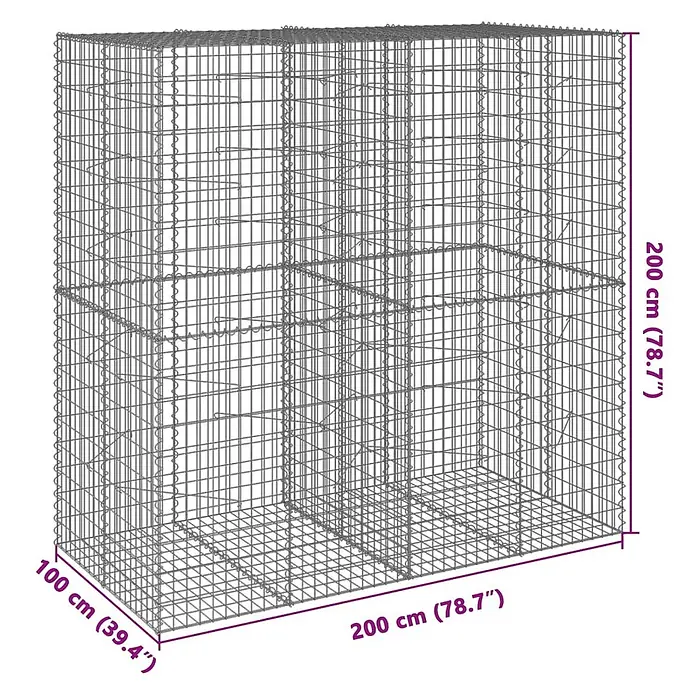 Furnicato Gabione - 200 x 100 x 200 cm, Metall, Maschenbreite: 50 mm, Maschenhöhe: 100 mm - Grauer Drahtgeflecht-Gabionenkorb mit inneren Trennwänden, 200x100x200 cm.