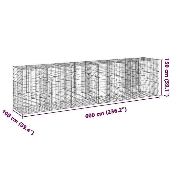 Furnicato Gabione - 600 x 100 x 150 cm, Metall, Maschenbreite: 50 mm, Maschenhöhe: 100 mm - Langes, rechteckiges, modulares Tiergehege aus Drahtgeflecht mit Innenfächern, 600x100x150 cm.