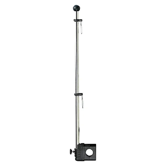 Flaggenstock - Länge: 430 mm, 22 mm - 25 mm - Metallischer Fahnenmast mit schwarzer Kugel an der Spitze, ausgestattet mit zwei Clips zur Flaggenbefestigung und einer robusten Montagebasis.