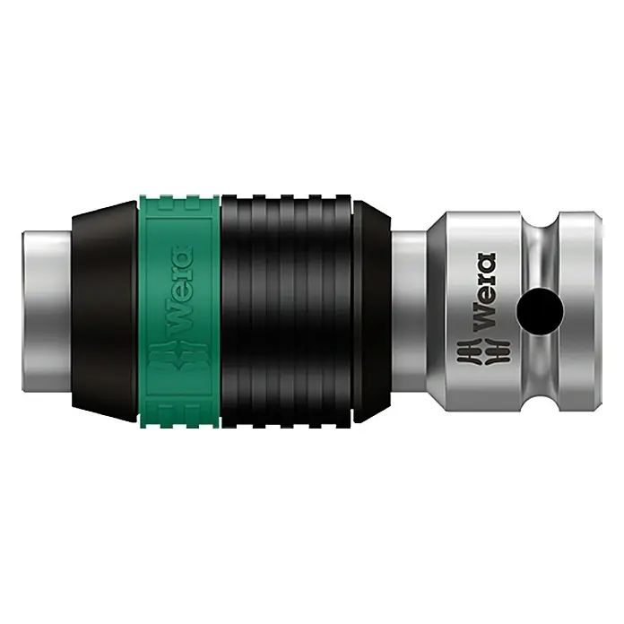 Wera Adapter Zyklop - ¼″ Außenvierkant - ¼″ Außensechskant - Nahaufnahme des Wera 8784 B1 Zyklop Bit-Adapters mit Schnellwechselfutter und grünem Haltering für präzise Bitaufnahme.