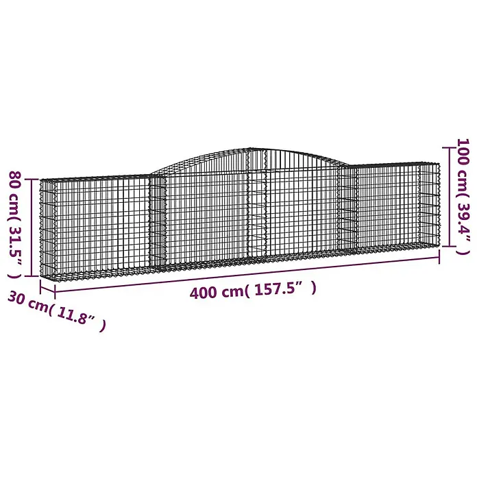 Furnicato Gabione - 100 x 400 x 30 cm, Metall, Maschenbreite: 50 mm, Maschenhöhe: 100 mm - Lange Gabione aus Stahldrahtgeflecht mit gewölbtem Mittelteil und rechteckigen Enden.