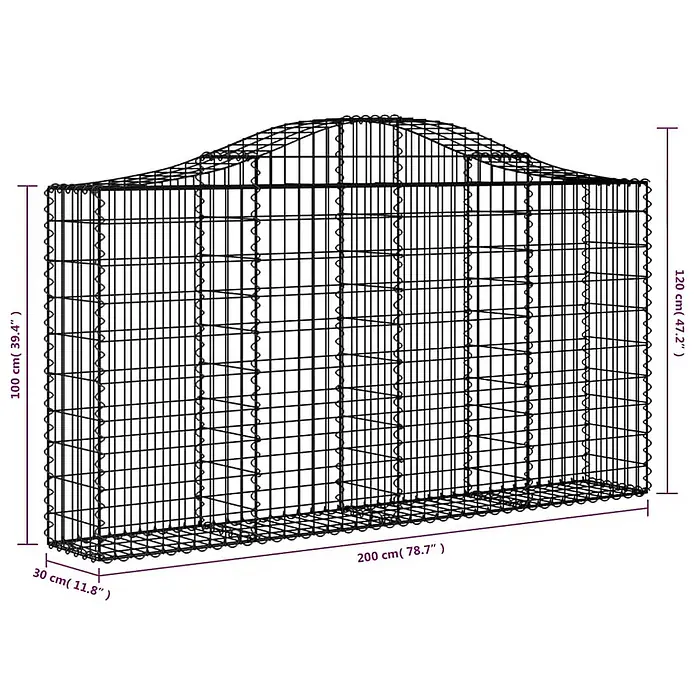Furnicato Gabione - 30 x 200 x 120 cm, Metall, Maschenbreite: 50 mm, Maschenhöhe: 100 mm - Schwarzer Gabionenkäfig aus Metall mit gewellter Oberseite, 200x30 cm, Höhe 100-120 cm.