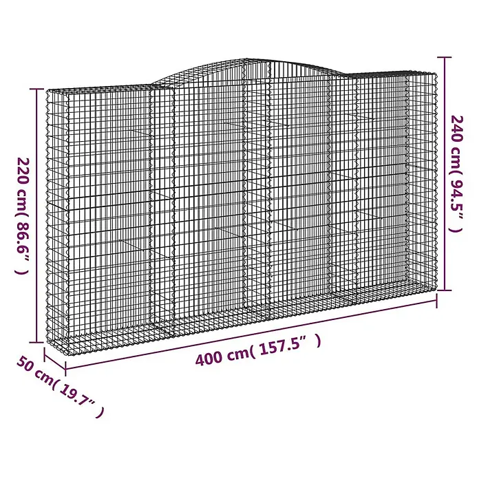 Furnicato Gabione - 240 x 400 x 50 cm, Metall, Maschenbreite: 50 mm, Maschenhöhe: 100 mm - Gabionenwand aus Drahtgeflecht mit gebogener Oberseite, Maße werden angezeigt.