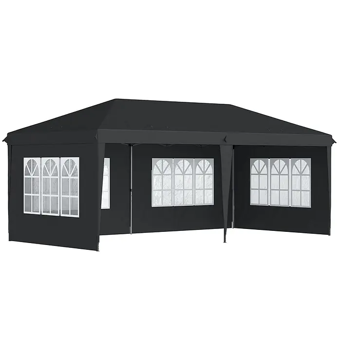 Furnicato Partyzelt - B x T: 585 x 600 cm, Farbe Dach: Schwarz - Dunkelgraues Partyzelt mit weißen Fensterpaneelen an den Längsseiten und offener Vorderseite.