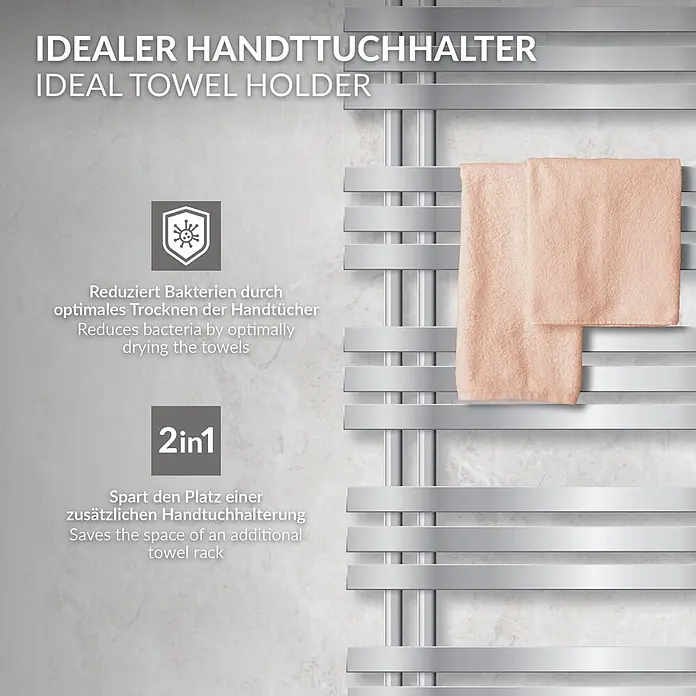 LuxeBath Badheizkörper Design Handtuchheizkörper Handtuchwärmer Mittelanschluss Radiator - B x H: 50 x 120 mm, Chrom - Silberner Handtuchwärmer mit zwei pfirsichfarbenen Handtüchern, fördert schnelles Trocknen und spart Platz.