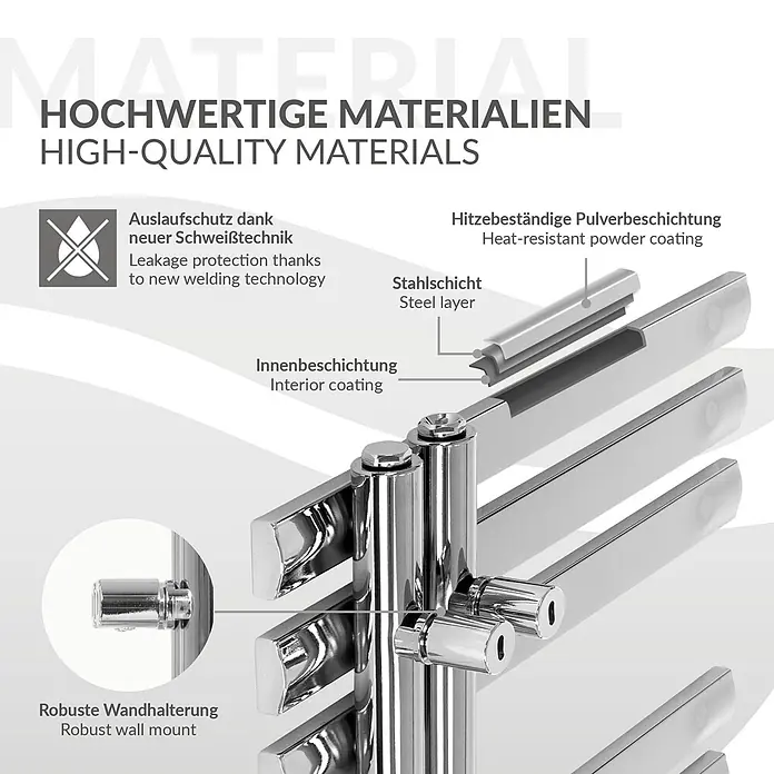 LuxeBath Elektro-Badheizkörper Handtuchheizkörper Elektrisch mit Heizstab 500x1000 mm Chrome 600W -  - Detail eines verchromten Handtuchwärmers mit Stahl-, Innen- und hitzebeständiger Pulverbeschichtung, robuster Wandhalterung und Auslaufschutz.