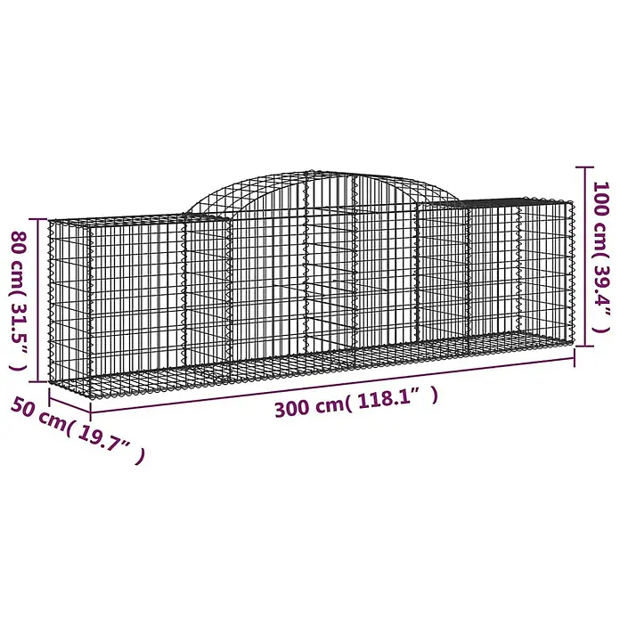 Furnicato Gabione - 50 x 300 x 100 cm, Metall, Maschenbreite: 50 mm, Maschenhöhe: 100 mm - Schwarzes Drahtgitter-Tiergehege mit gewölbtem Dach, Maße werden angezeigt.