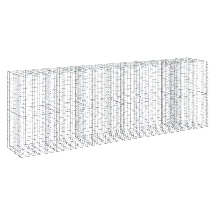 Furnicato Gabione - 600 x 100 x 200 cm, Metall, Maschenbreite: 50 mm, Maschenhöhe: 100 mm - Leere, silberne Drahtgitter-Gabionenkörbe, die eine modulare Wandstruktur bilden.