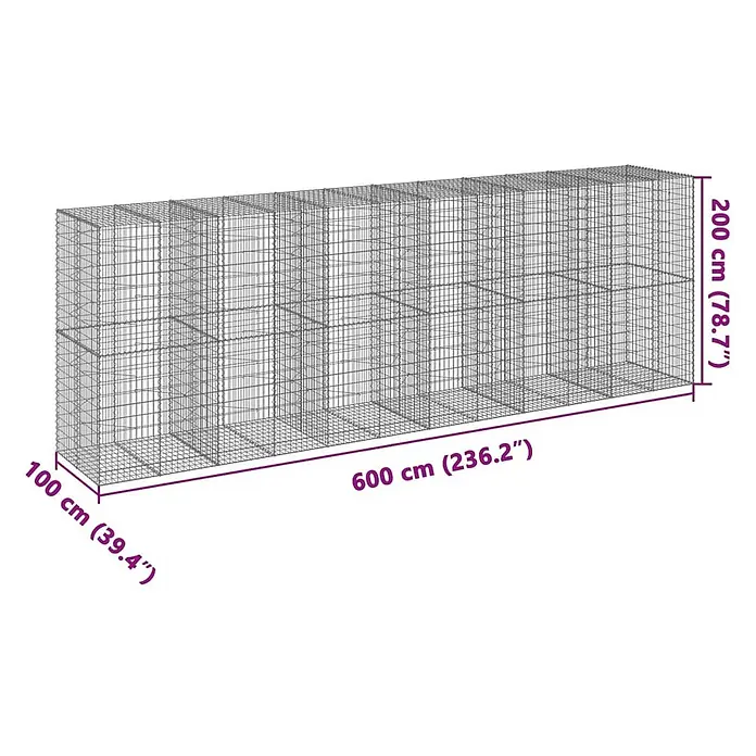 Furnicato Gabione - 600 x 100 x 200 cm, Metall, Maschenbreite: 50 mm, Maschenhöhe: 100 mm - Langer rechteckiger Gabionenkorb aus grauem Drahtgeflecht, 600x100x200 cm, für Gartenmauern oder Dekoration.