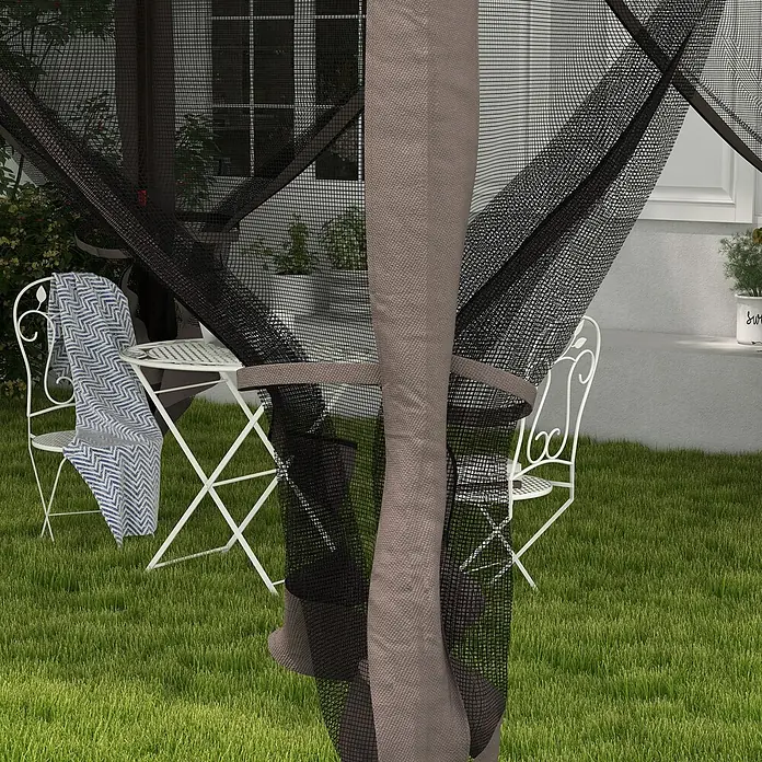 Furnicato Faltpavillon -  - Dunkler Gazebo-Netzvorhang mit beigem Band zurückgebunden, draußen mit weißen Gartenmöbeln.