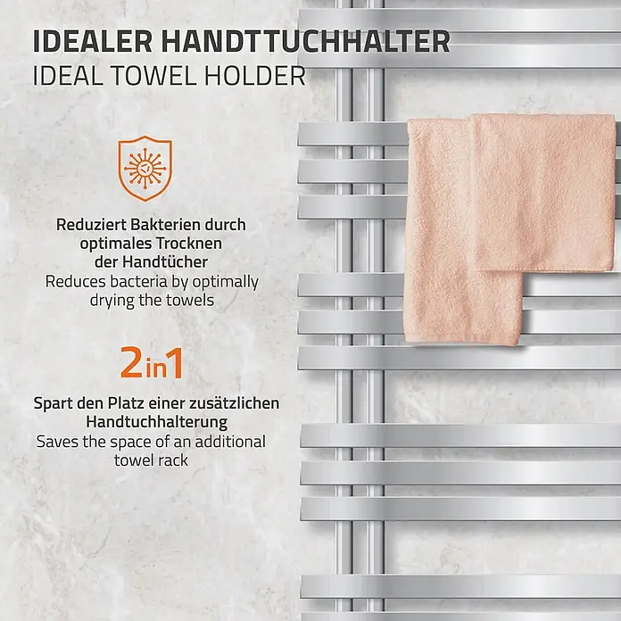 Badheizkörper elektrisch 500x1200mm Chrome + Heizstab 900W einfach -  - Silberner Handtuchhalter mit zwei pfirsichfarbenen Handtüchern, der optimales Trocknen und Platzersparnis bietet.