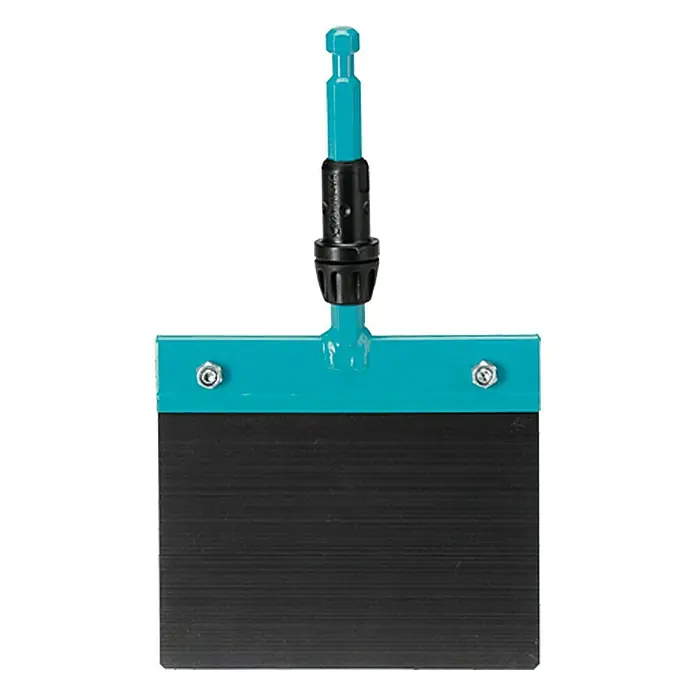 Gardena Combisystem Stoßscharre - Breite: 15 cm, Material Gerätekopf: Aluminium - Eine Nahaufnahme eines Gardena-Fugenreinigers mit blauem Griff und schwarzer Bürste. Ideal für die Gartenarbeit und Reinigung.