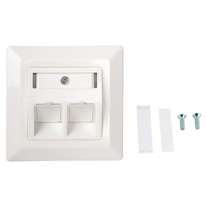 Schwaiger Netzwerk-Anschlussdose Keystone für Unterputzmontage - Weiß - Weiße Dual-RJ45-Datensystem-Wanddose mit Abdeckungen, zwei Schrauben und zwei Blindabdeckungen.
