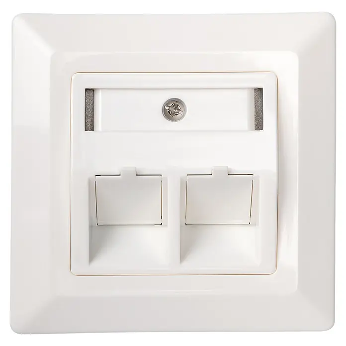 Schwaiger Netzwerk-Anschlussdose Keystone für Unterputzmontage - Weiß - Weiße Kunststoff-Wandplatte mit zwei RJ45-Datenbuchsen und sichtbarer Befestigungsschraube.