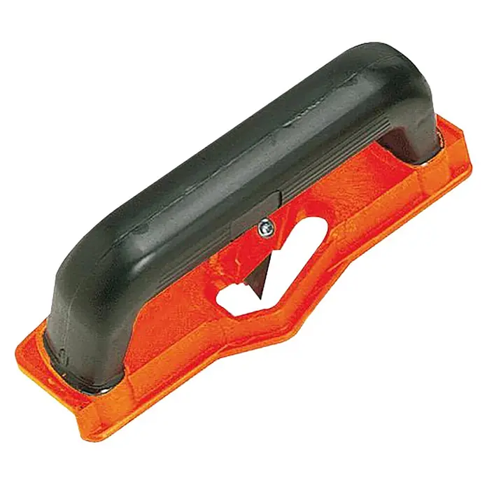 Mondelin Kantenhobel - Geeignet für: Gipskartonplatten - Oranger und schwarzer Sicherheitsmesser mit ergonomischem Griff und sichtbarer Klinge.